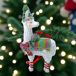 White Llama Ornament -Colorful Blanket Christmas Tree Hat Rosy Cheeks
